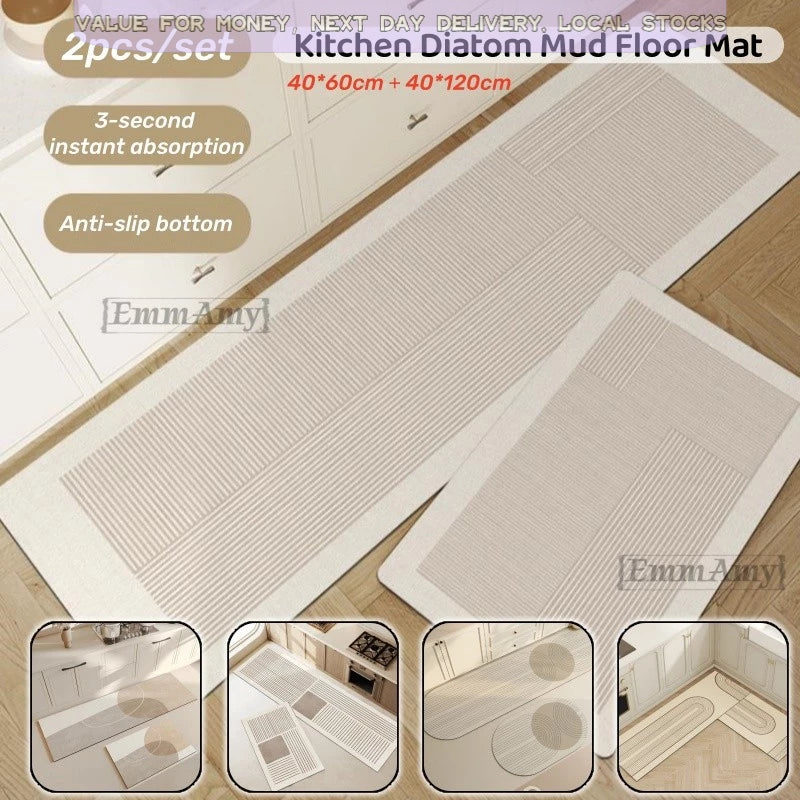 EmmAmy 2pcs/set Anti-slip Kitchen Floor Mat Simple Style Diatom Mud Mat Household Absorbent Carpet